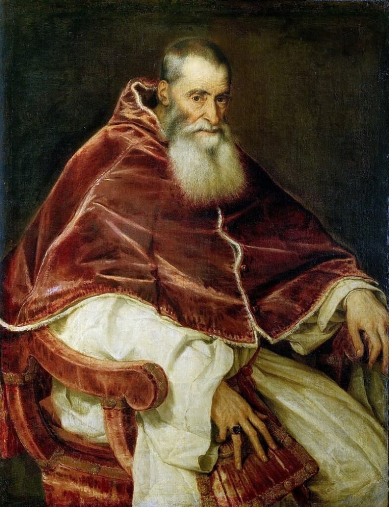 提香(Titian)繪製的保羅三世(Pope Paul III Farnese)，現存於National Museum of Capodimonte (公有領域)
