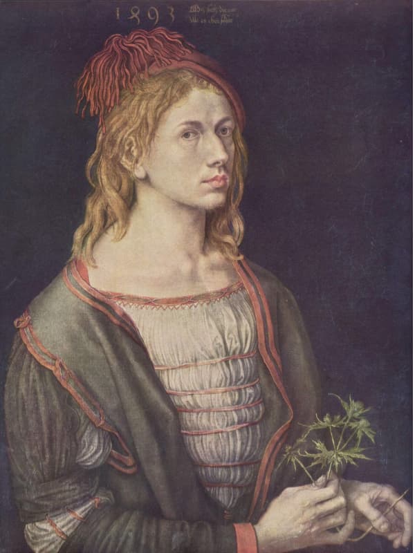 1493-杜勒自畫像手拿如薊之花