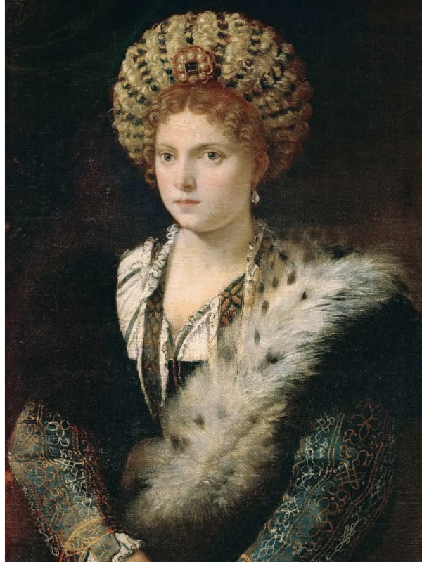 提香在伊莎貝拉六十歲時作的肖像畫。一開始提香把她畫成真實年齡的相貌，但此舉使她不悅並要求重繪，於是提香在此圖中把她畫成四十歲的樣子