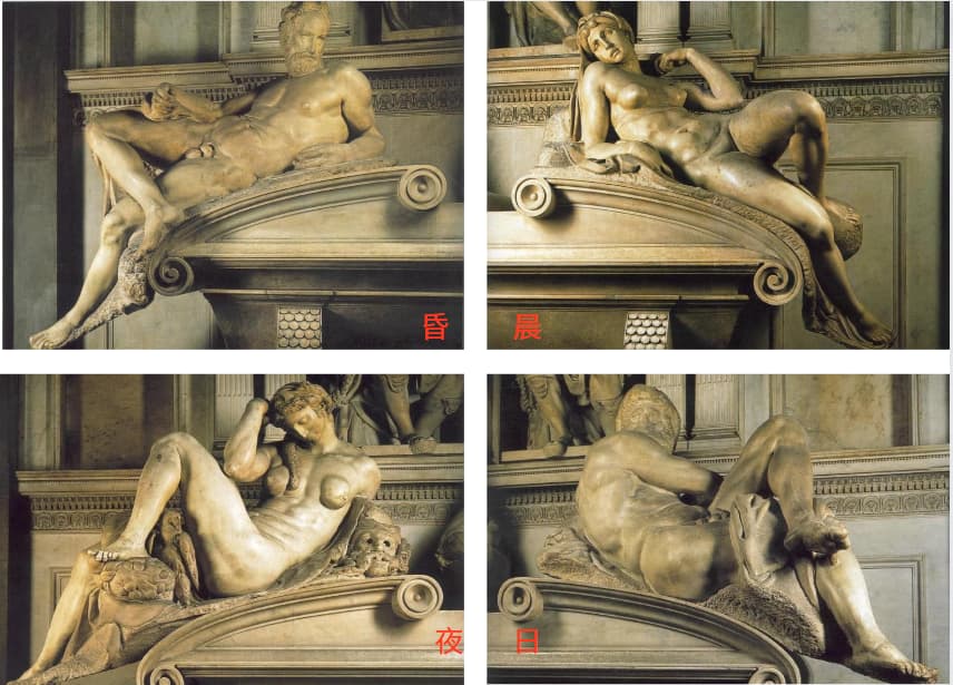 米開朗基羅雕刻的《日、夜、晨、昏》四個雕像(公有領域)