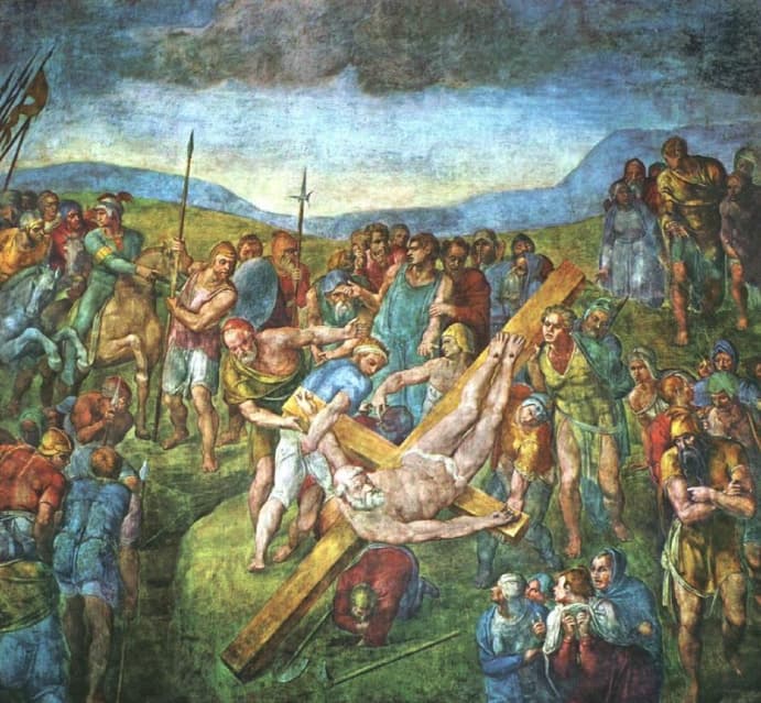 米開朗基羅在寶林禮拜堂內繪製的《聖彼得受釘刑》Martyrdom of St Peter，1541年(公有領域)