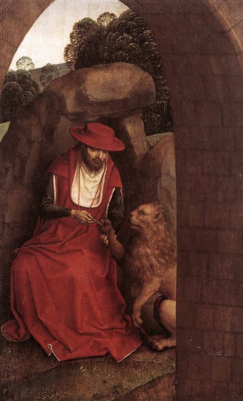 漢斯‧梅姆林(Hans Memling)在1485-1490年繪製的《聖傑羅姆與獅子》(St Jerome and the Lion) (公有領域)