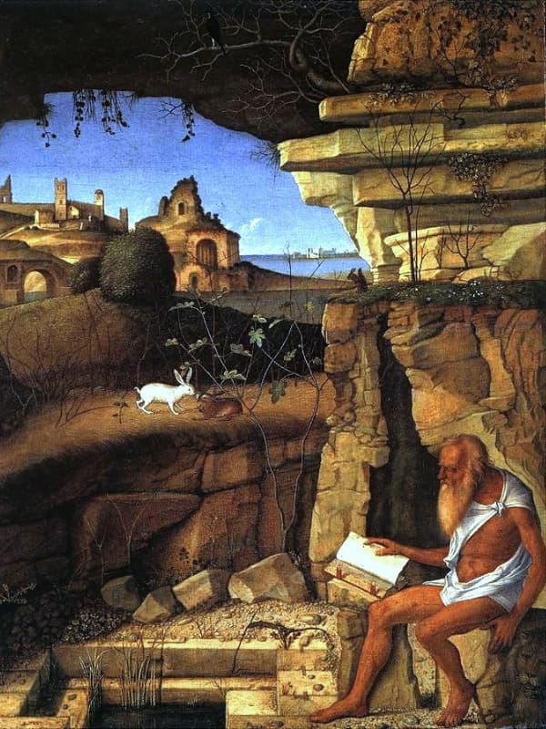 貝里尼(Giovanni_Bellini)在1505年繪製的《在荒野的聖傑羅姆》(St_Jerome_Reading_in_the_Countryside) 公有領域