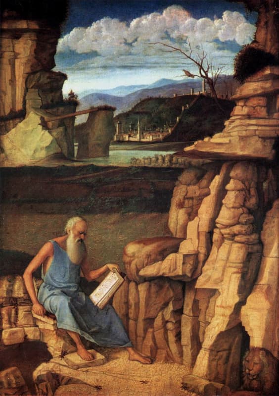 貝里尼(Giovanni_Bellini)在1485年繪製的《在荒野中閱讀的聖傑羅姆》(St_Jerome_Reading_in_the_Countryside) 公有領域